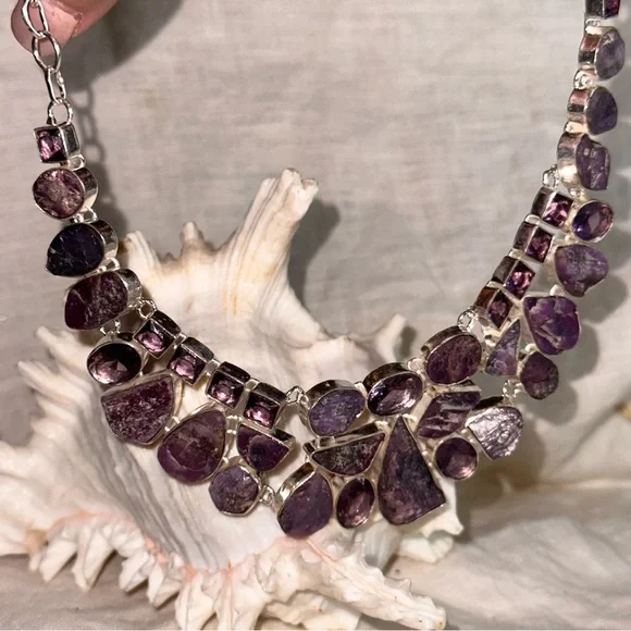 Beautiful Rough Amethyst + Polished Amethyst statement cluster necklace